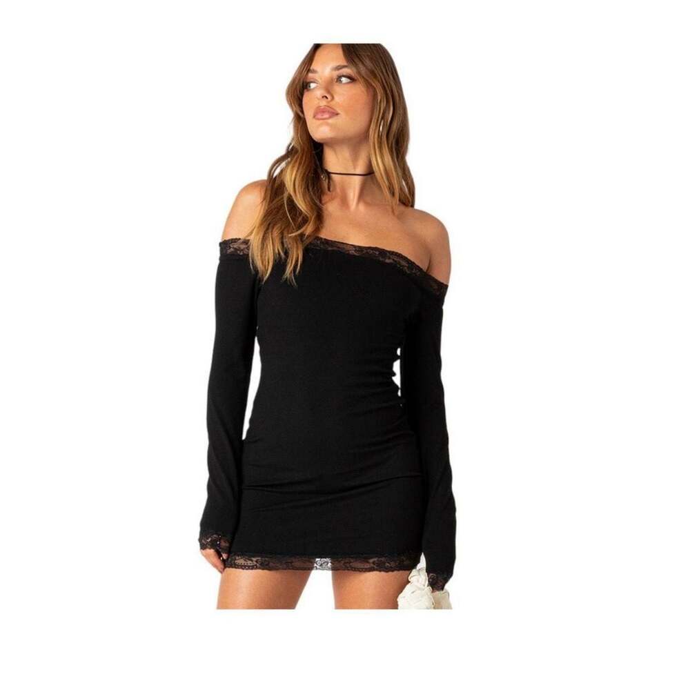 Bodycon Lace Trim Black Mini Kentucky Derby Dress., Coquette Girl, Sz. M